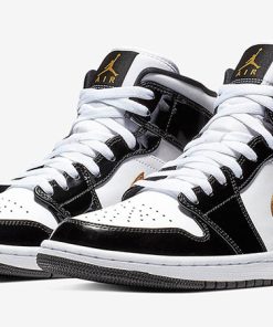 Jordan 1 Mid Patent Black White Gold