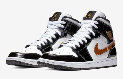 Jordan 1 Mid Patent Black White Gold