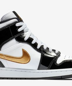 Jordan 1 Mid Patent Black White Gold