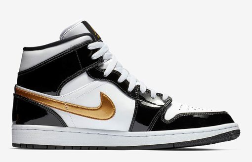 Jordan 1 Mid Patent Black White Gold